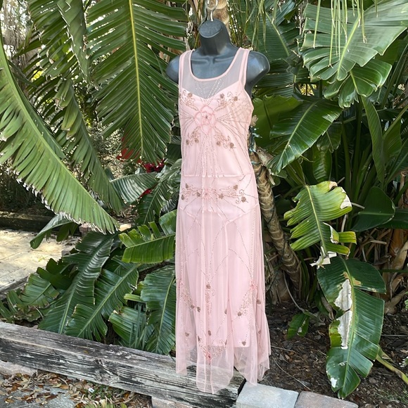 Newport News Dresses & Skirts - Newport News sheer beaded two piece drop waist asymmetric, sheer dress